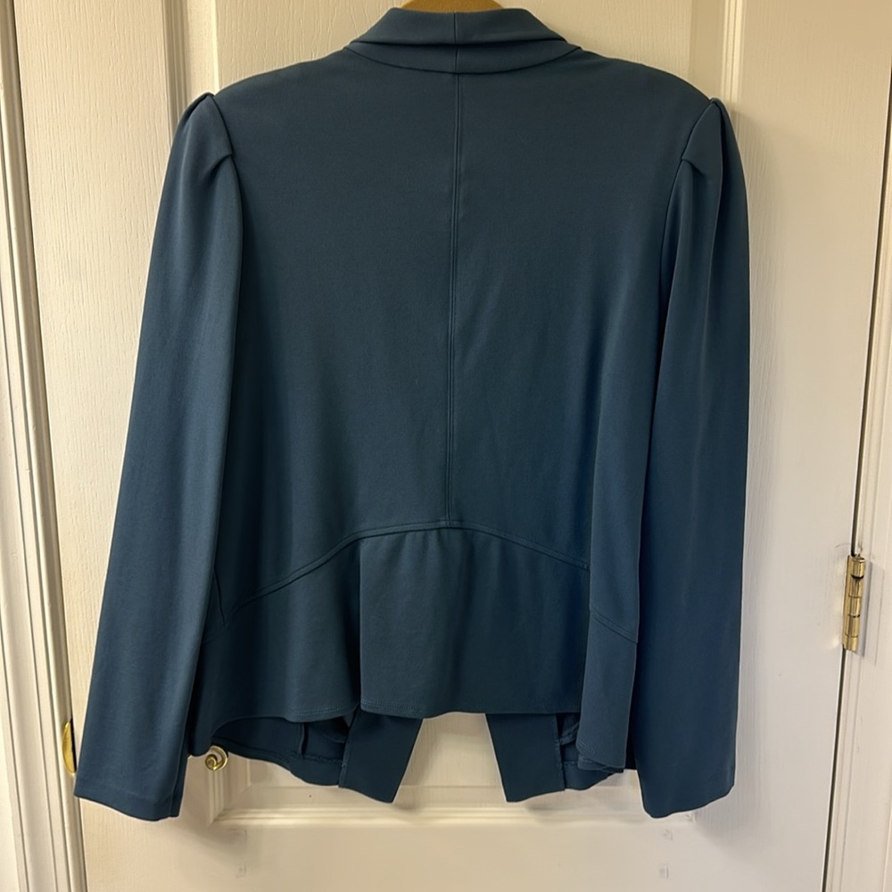 LOGO Blue Size L Ponte Knit Puff Shoulder One Snap Hi Low Hem Jacket - Picture 2 of 6